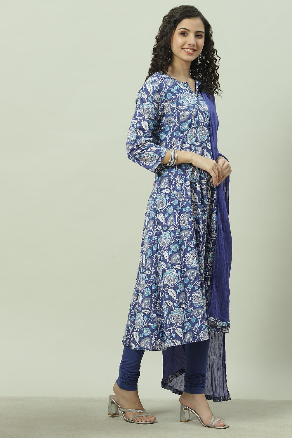 Blue Cotton Kalidar Kurta Churidar Suit Set image number 6