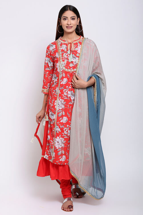 Coral Cotton Double Layered Kurta Churidar Suit Set image number 0