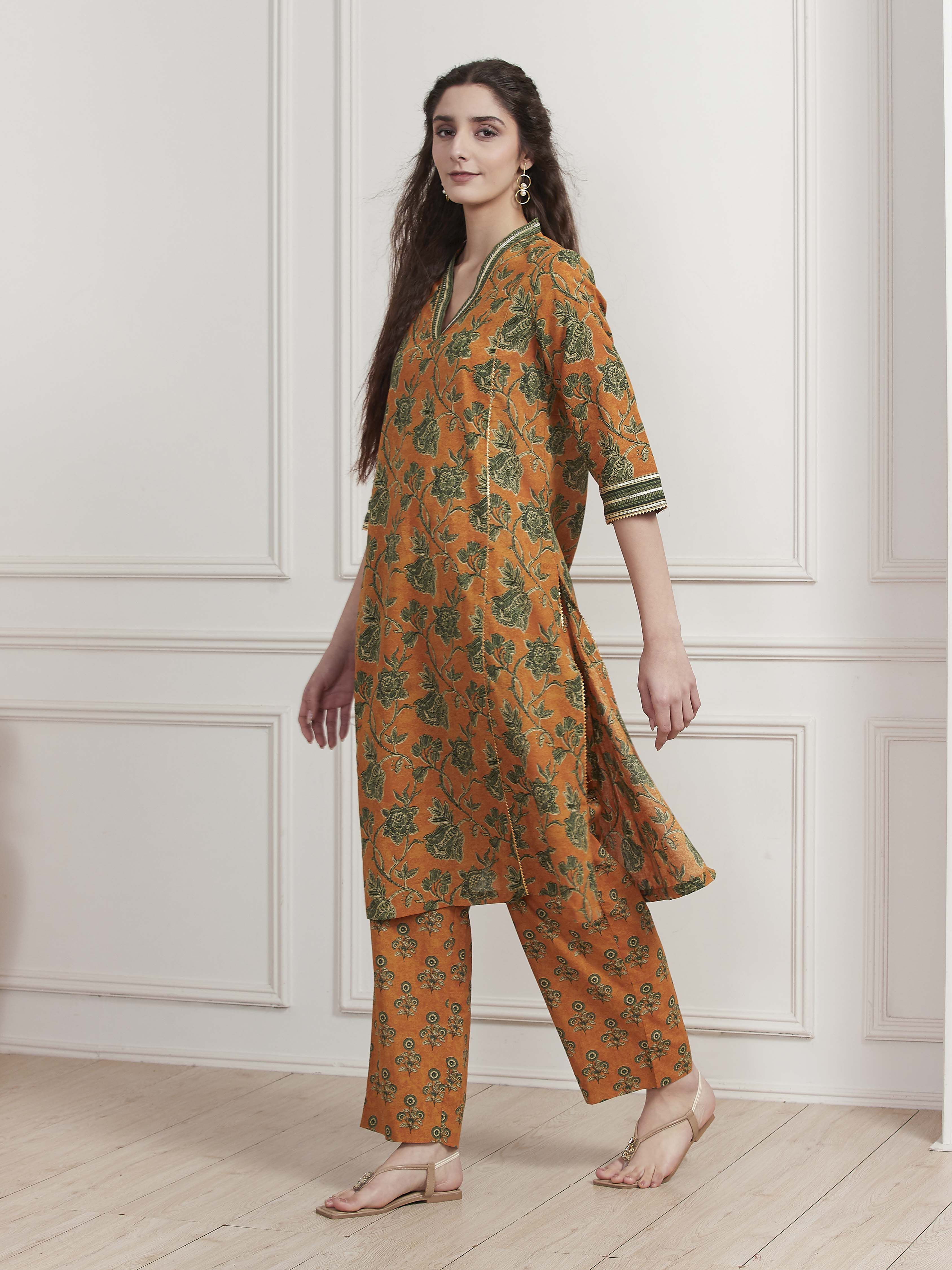 Mustard Yellow Cotton Printed Kurta Set image number 3