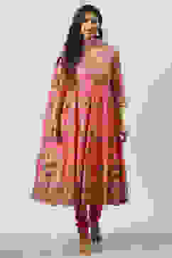 Fuchsia Cotton Anarkali Kurta Churidar Suit Set image number 0