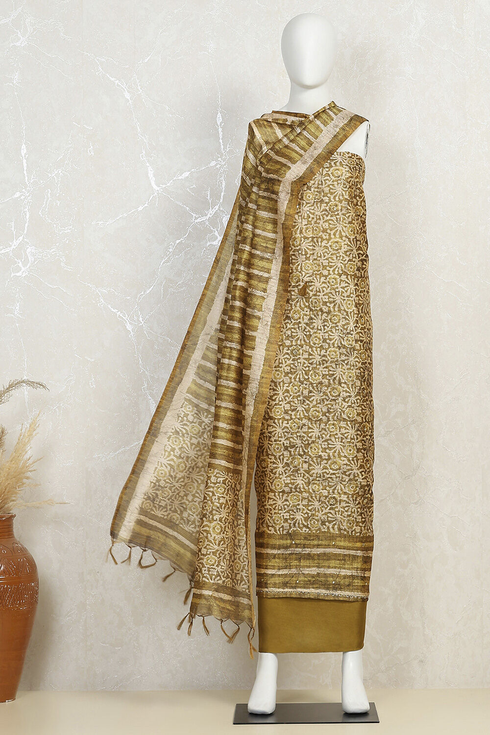 Slate Green Silk Blend Printed Unstitched Suit Set image number 4