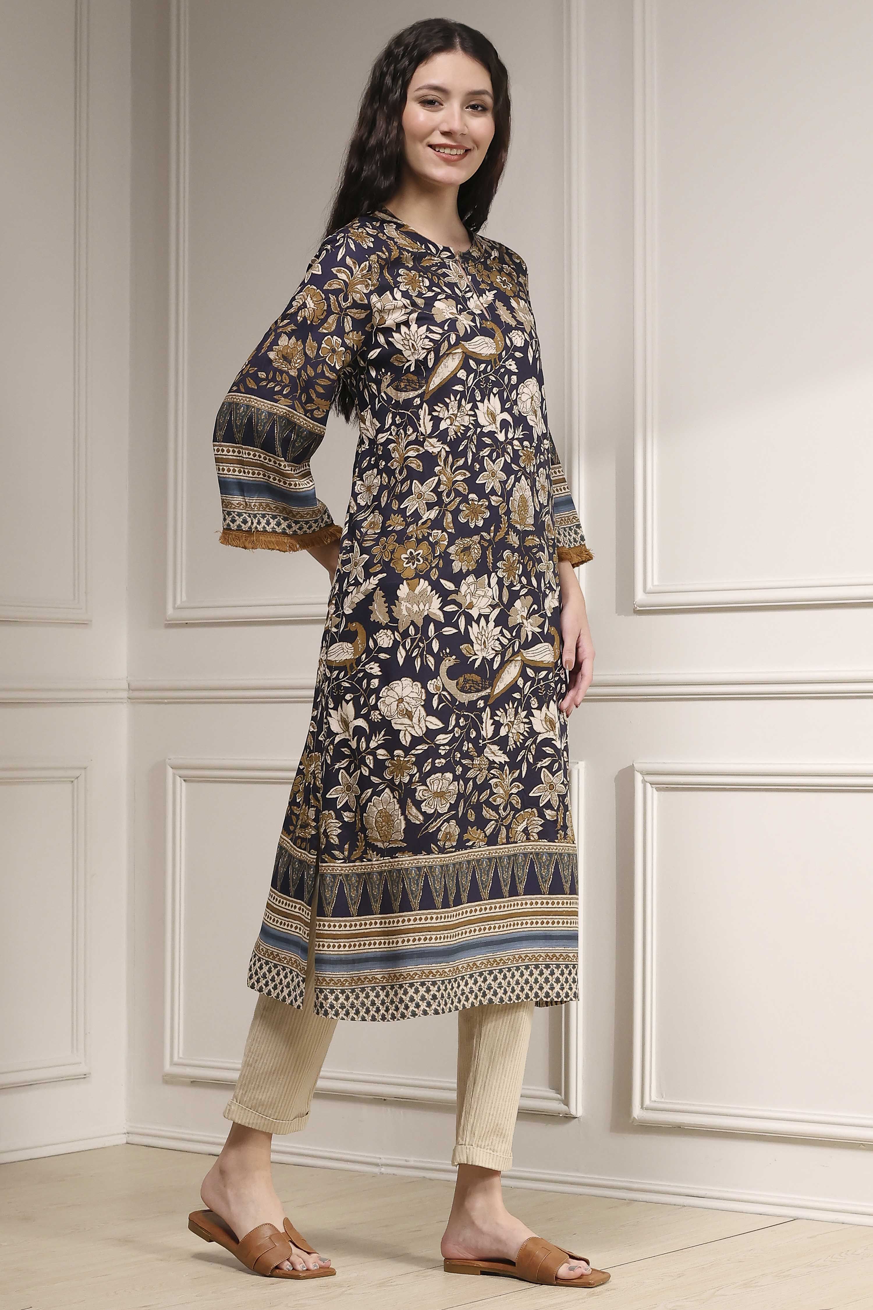 Navy Blue Printed Straight Kurta image number 4