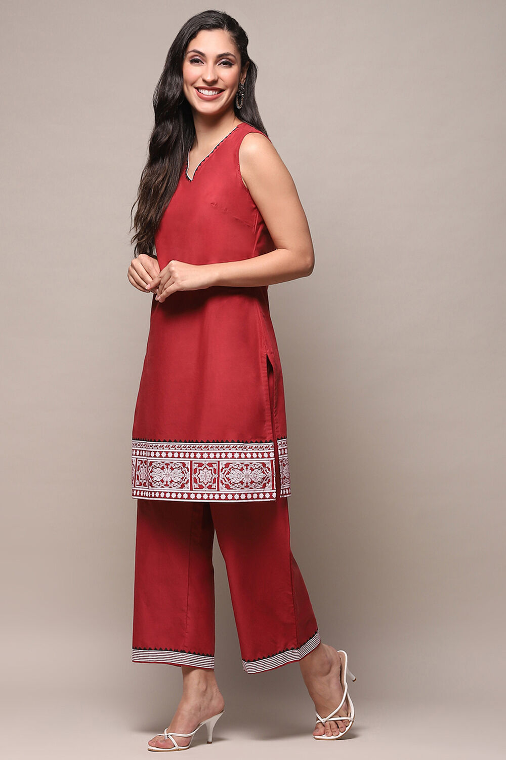 Maroon Cotton Printed Kurta & Palazzo Suit Set image number 1