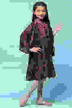 Brown Viscose Satin Tiered Printed Dress image number 4