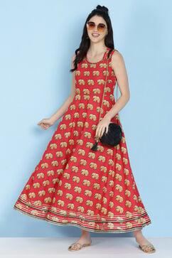 Red Cotton Fusion Wear Dress image number 0