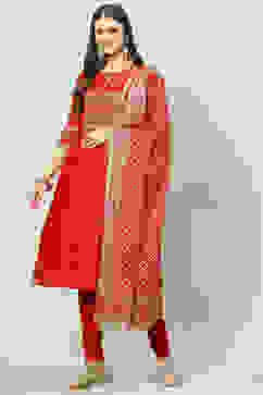 Red Art Silk Layered Kurta Churidar Suit Set image number 0