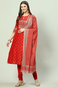 Red Art Silk Layered Kurta Churidar Suit Set image number 0
