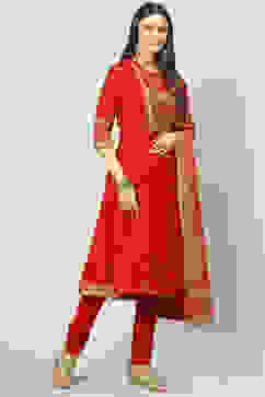 Red Art Silk Layered Kurta Churidar Suit Set image number 7
