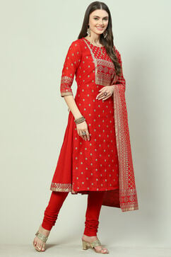 Red Art Silk Layered Kurta Churidar Suit Set image number 7