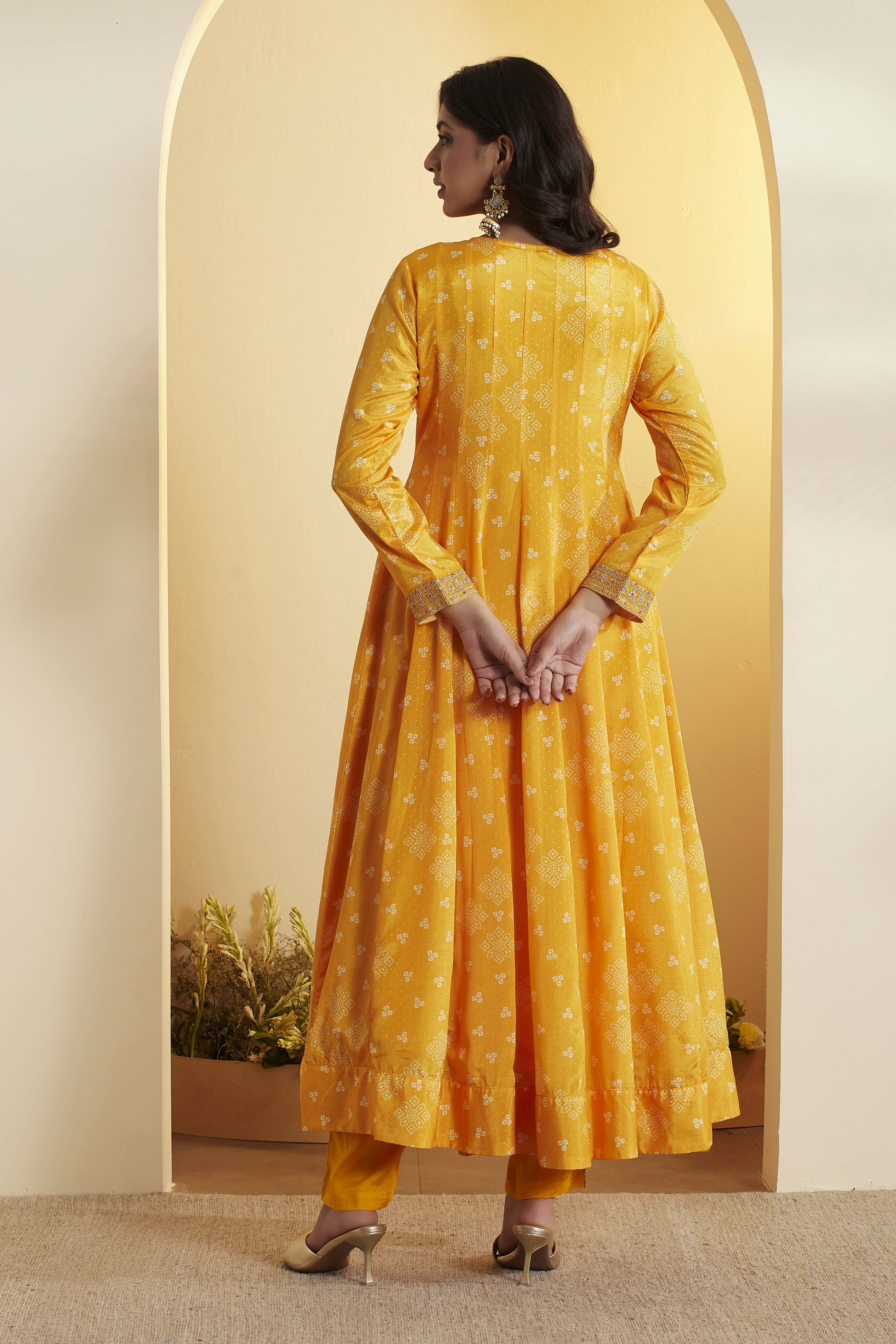 Yellow Poly Chinnon Anarkali Suit Set image number 5