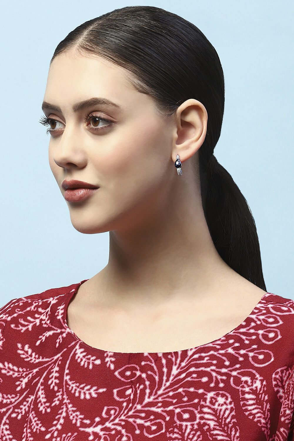 Navy Blue Silver-Plated CZ Studded Rectangular Hoops image number 1