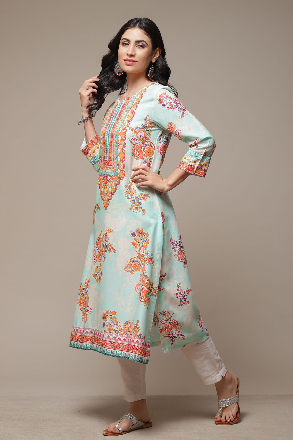 Sky Blue Printed Straight Kurta image number 3