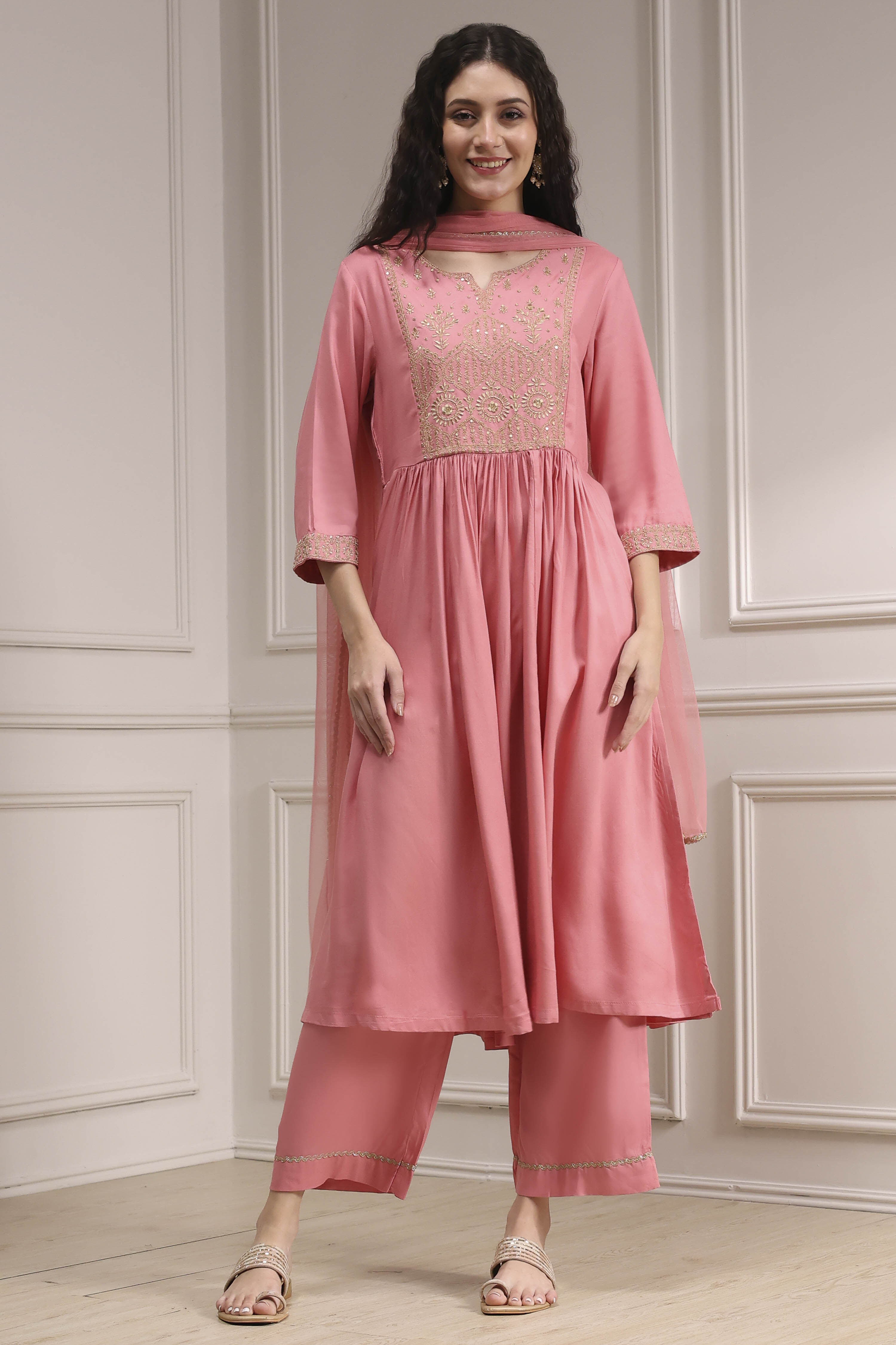 Peach-Colored Embroidered Gathered Suit Set image number 6