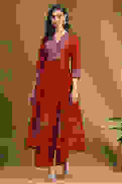 Red Cotton Printed Festive A-Line Suit Set image number 6