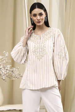 Beige Cotton A-Line Kurti image number 5