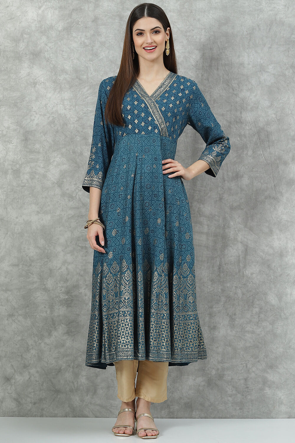 Brown Rayon Flared Printed Kurta image number 5
