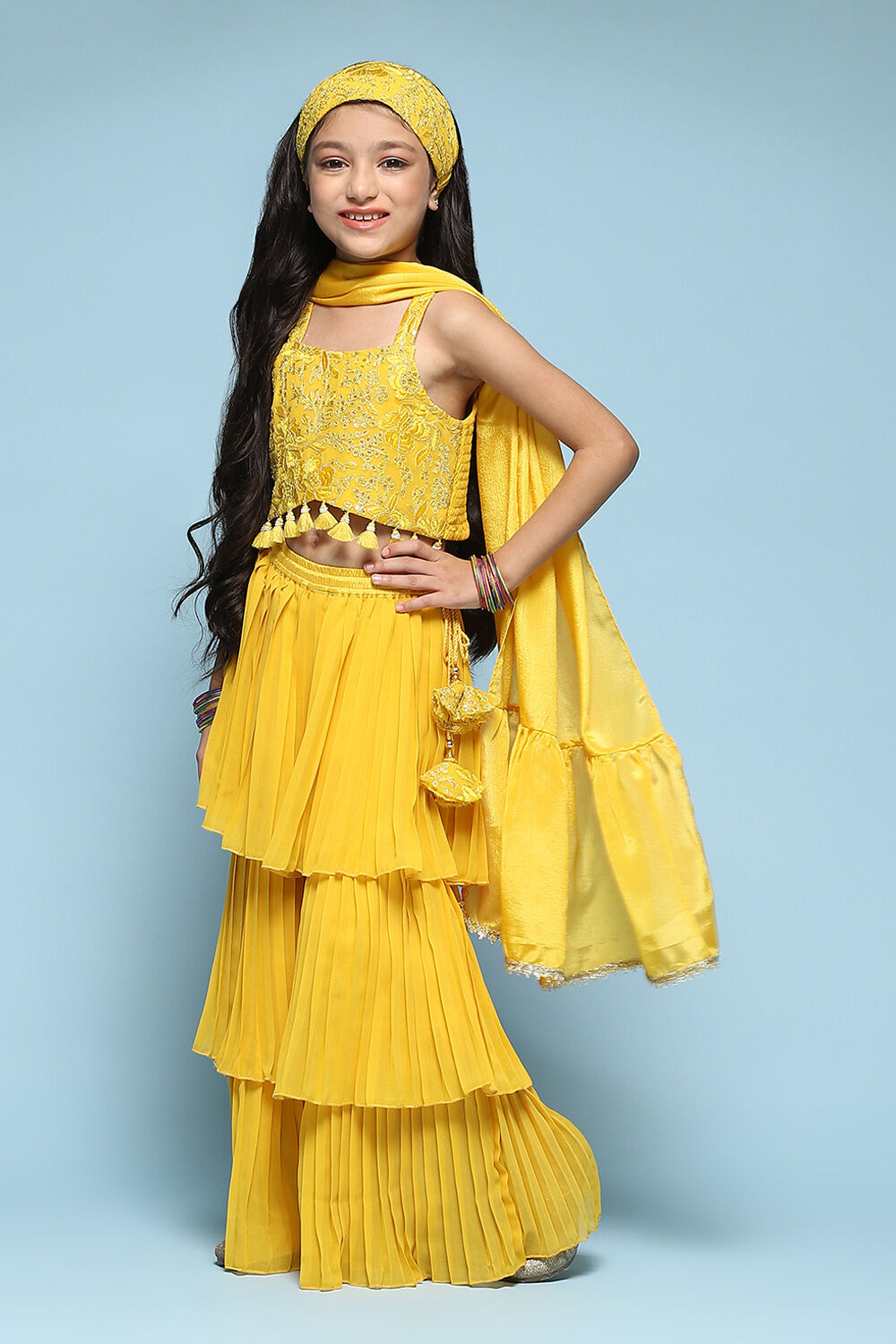 Yellow Polyester Straight Embroidered Suit Set image number 5