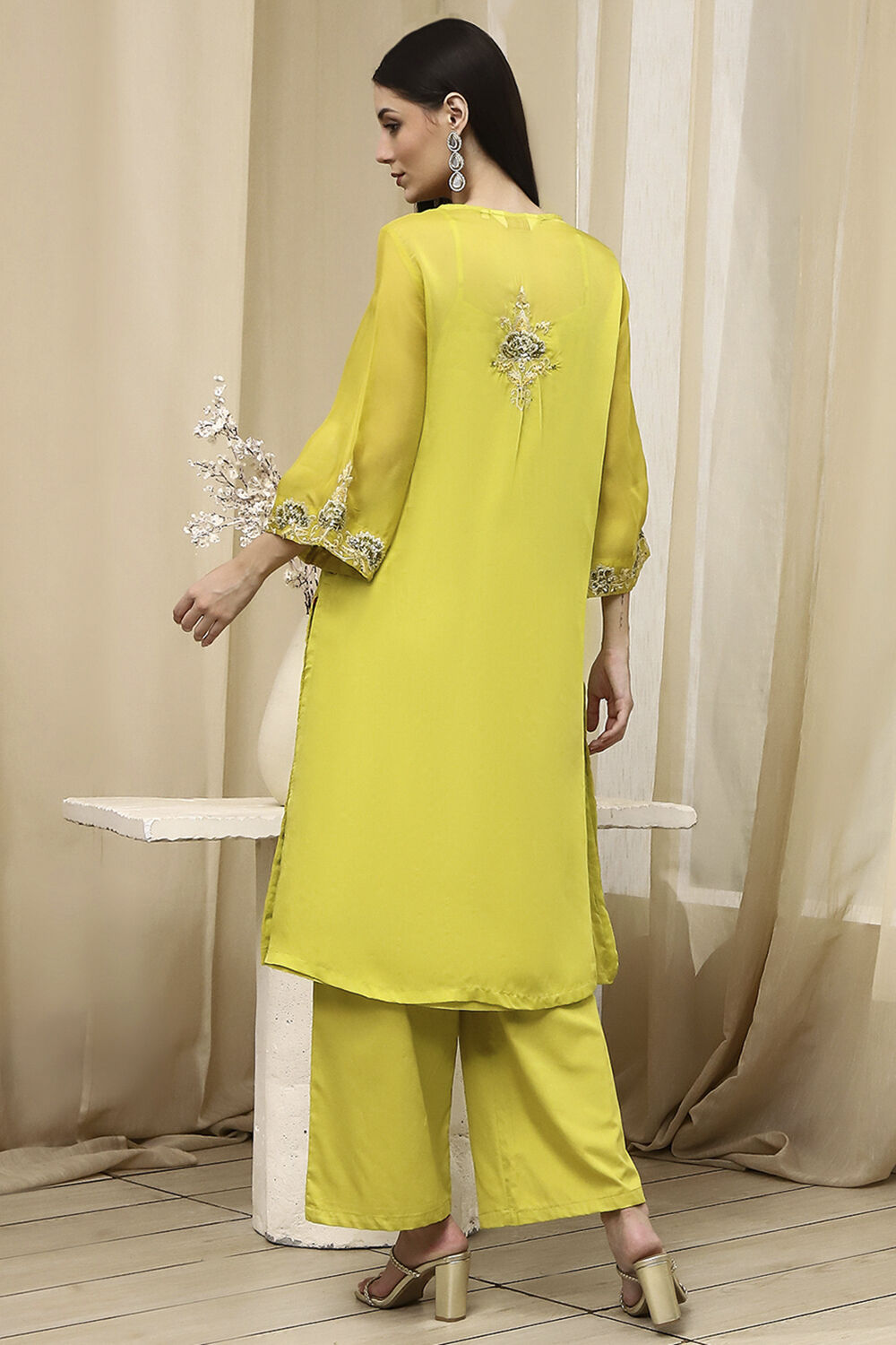 Lime Green Embroidered Straight Suit Set image number 4