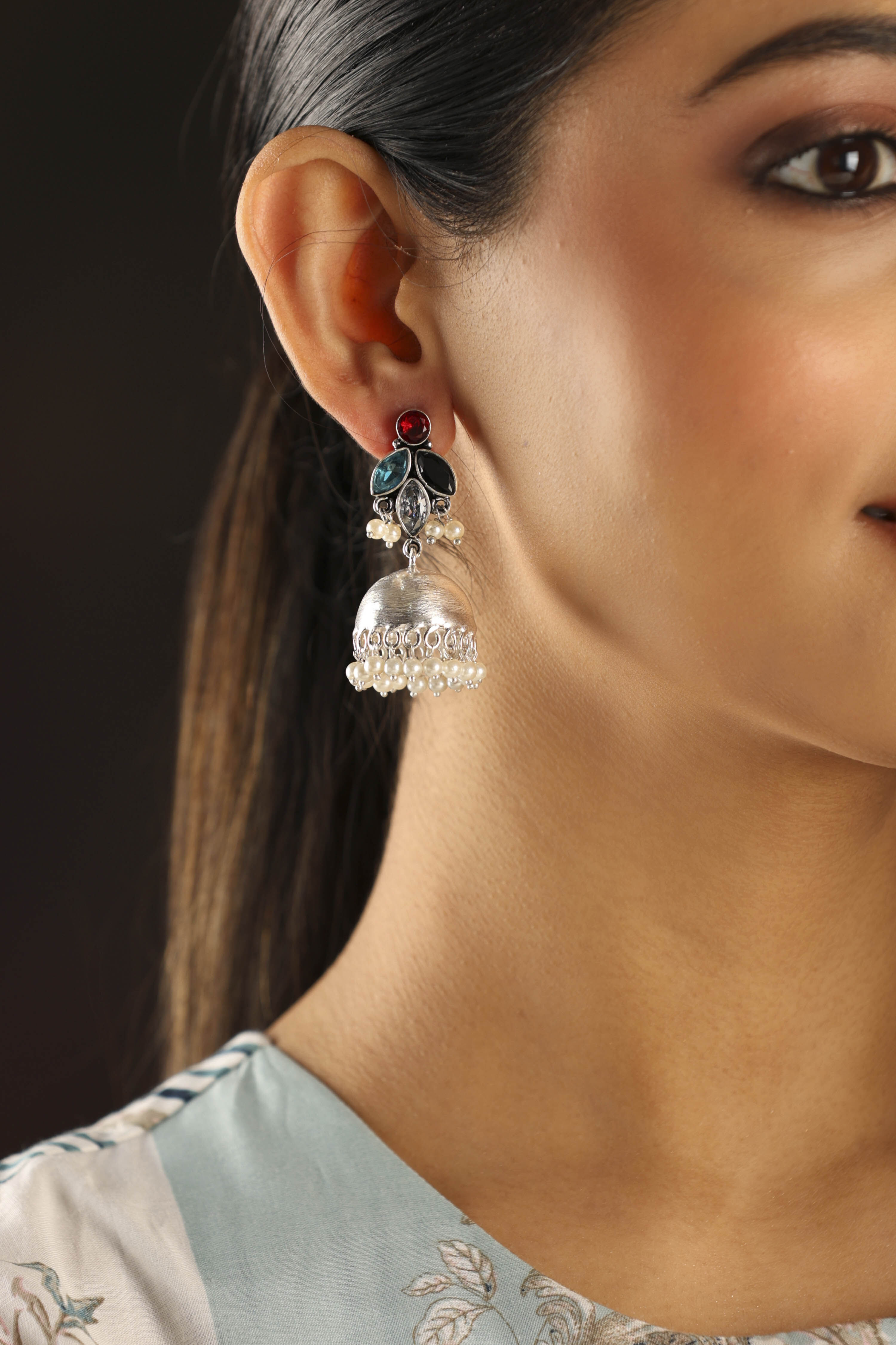 Silver Toned & Blue Oxidised Brass Studded Jhumkas image number 1