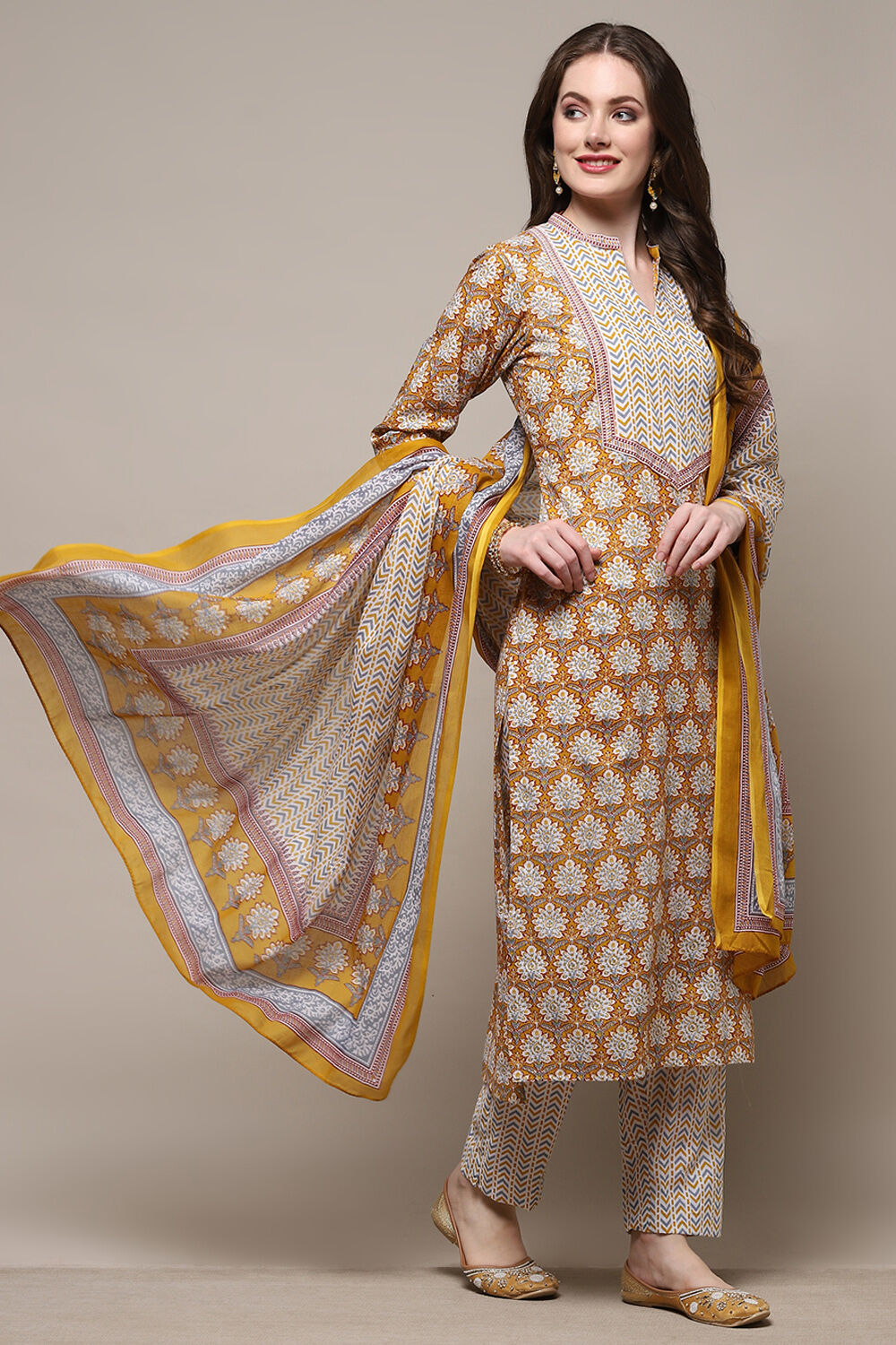 Blue Cotton Screen Printed Unstitched Suit Set image number 7