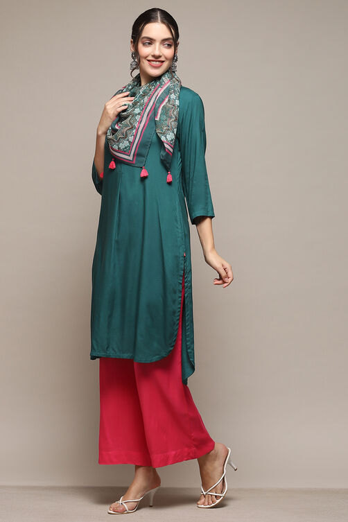 Green Rayon flax Straight Kurta Palazzo Suit Set image number 4