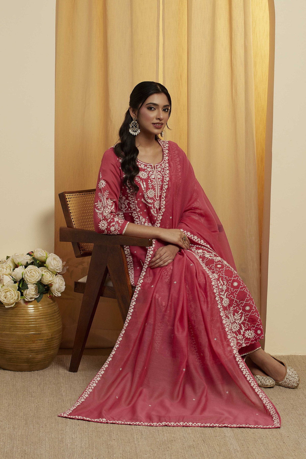 Pink Viscose Blend Floral Design Kalidar Kurta Set