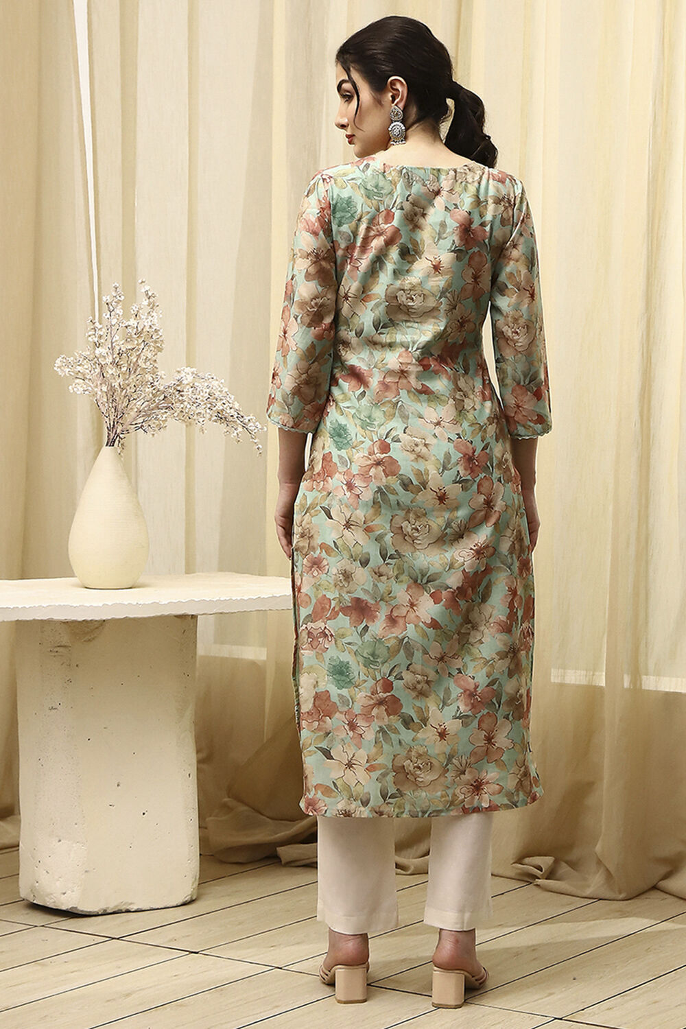 Teal Muslin Digital Print Unstitched Suit Set image number 5