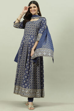 Navy Blue Cotton Anarkali Kurta Churidar Suit Set image number 5