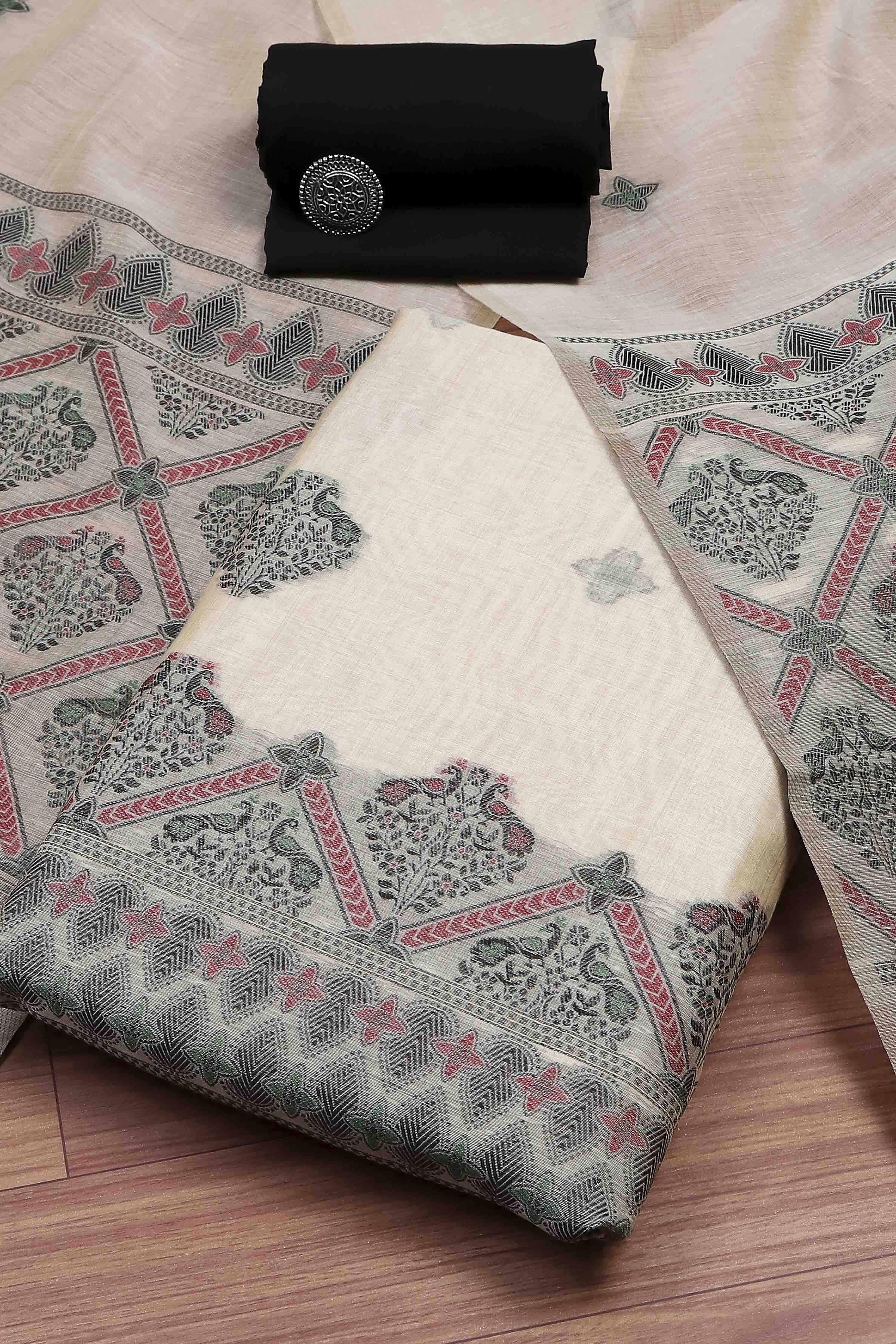 Black Cotton Printed Embroidered Unstitched Suit Set image number 0