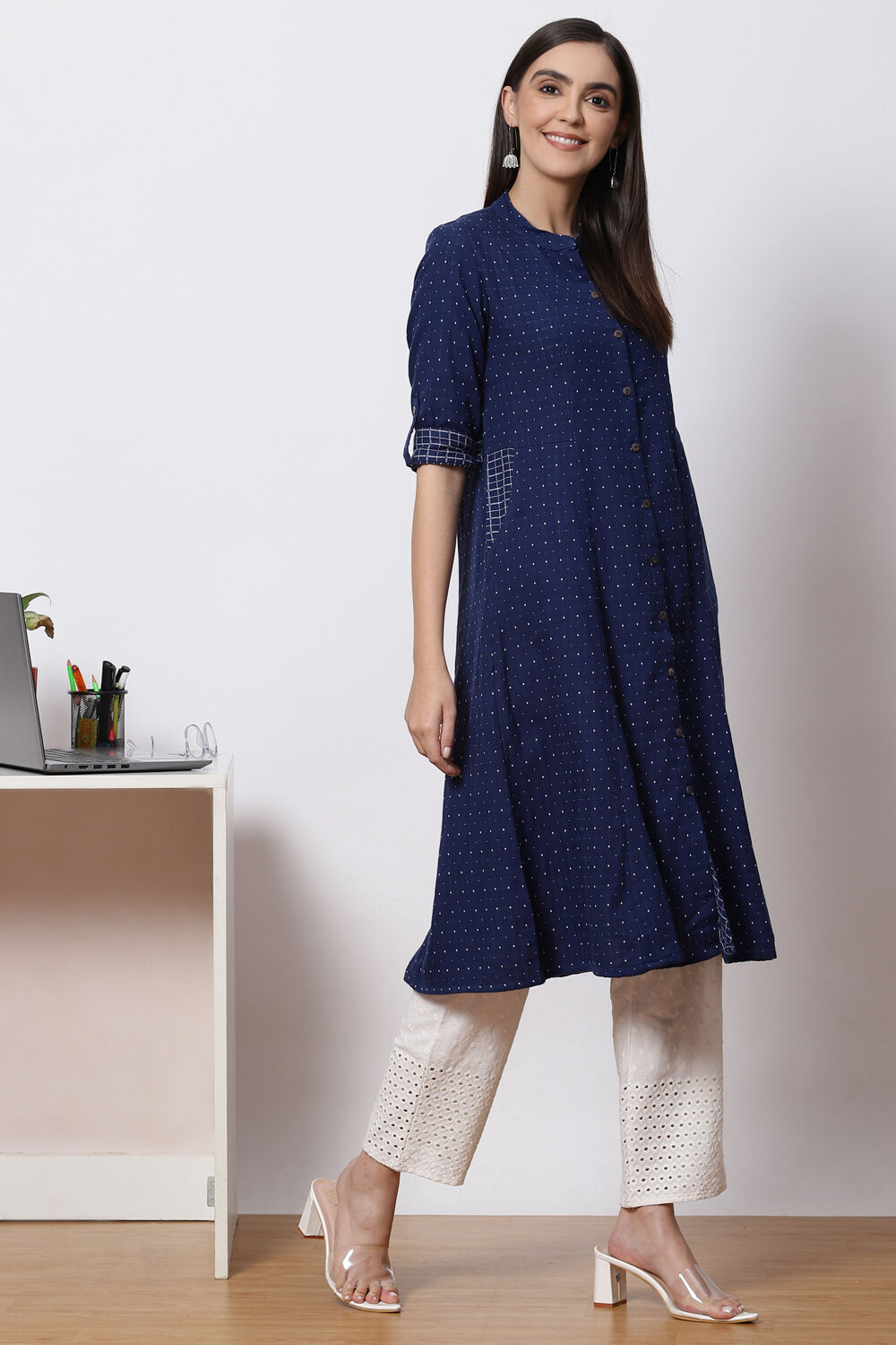 Navy Blue Cotton A Line Kurta Set image number 5