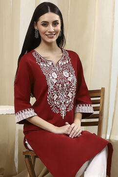 Maroon Cotton Straight Kurta image number 0
