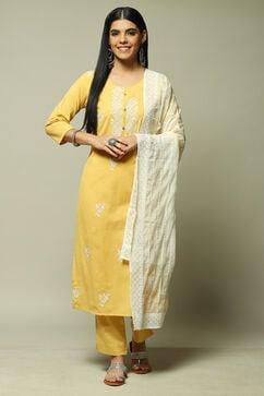 Yellow Cotton Blend Machine Embroidered Unstitched Suit Set image number 0