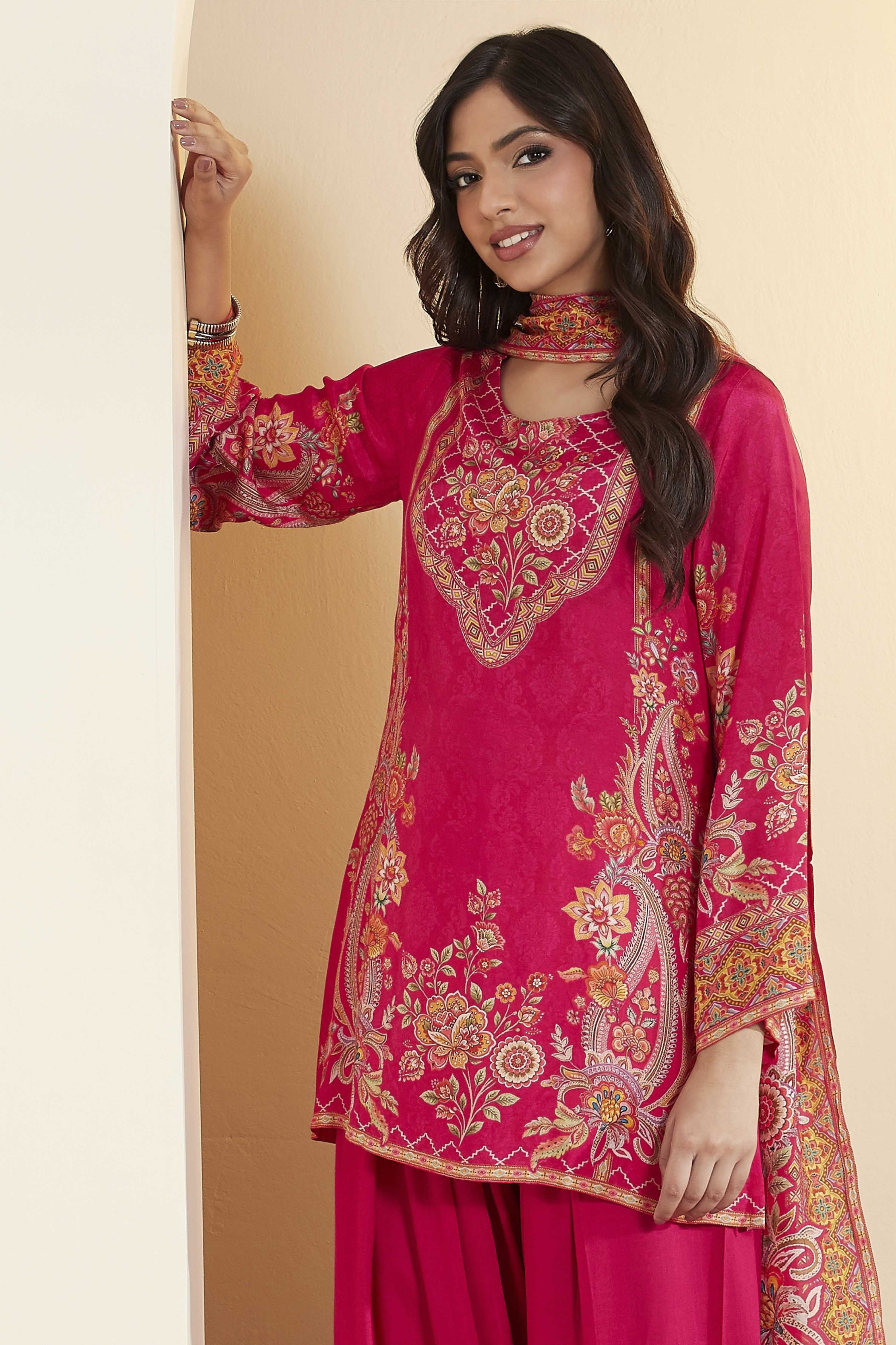 Fuchsia Floral Printed Straight Kurta Set image number 1