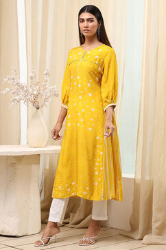 Mustard Yellow Modal Printed A-Line Kurta image number 2