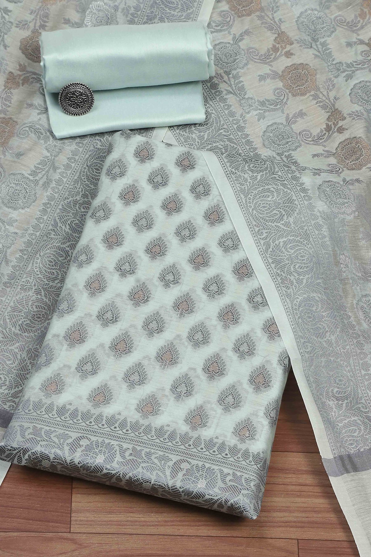 Sage Green Cotton Printed Embroidered Unstitched Suit Set