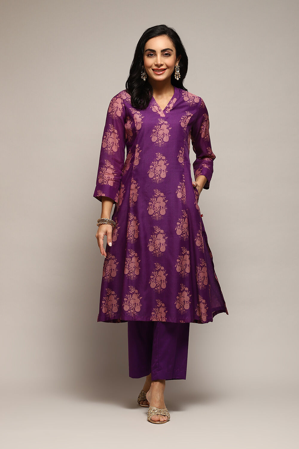 Pink Poly Chanderi A-Line Printed Kurta Palazzo Suit Set image number 6