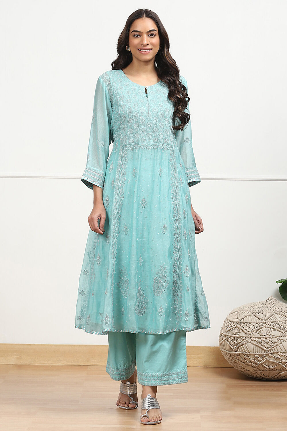 Powder Blue Silk Chanderi Embroidered Kalidar Suit Set image number 6