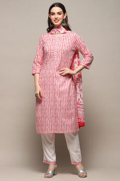 White Red Cotton Straight Suit Set image number 7