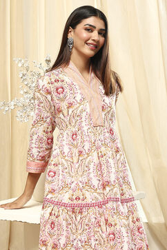 Pink and Off-White Cotton Printed Gathered Kurta Set image number 0