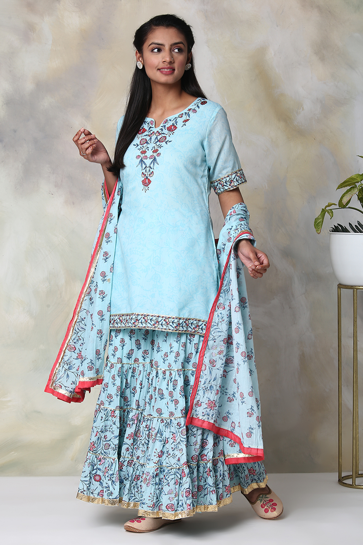 Turquoise Art Silk Kurta Garara Suit Set