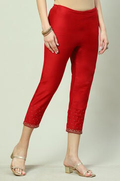 Red Art Silk Cotton Narrow Pants image number 3