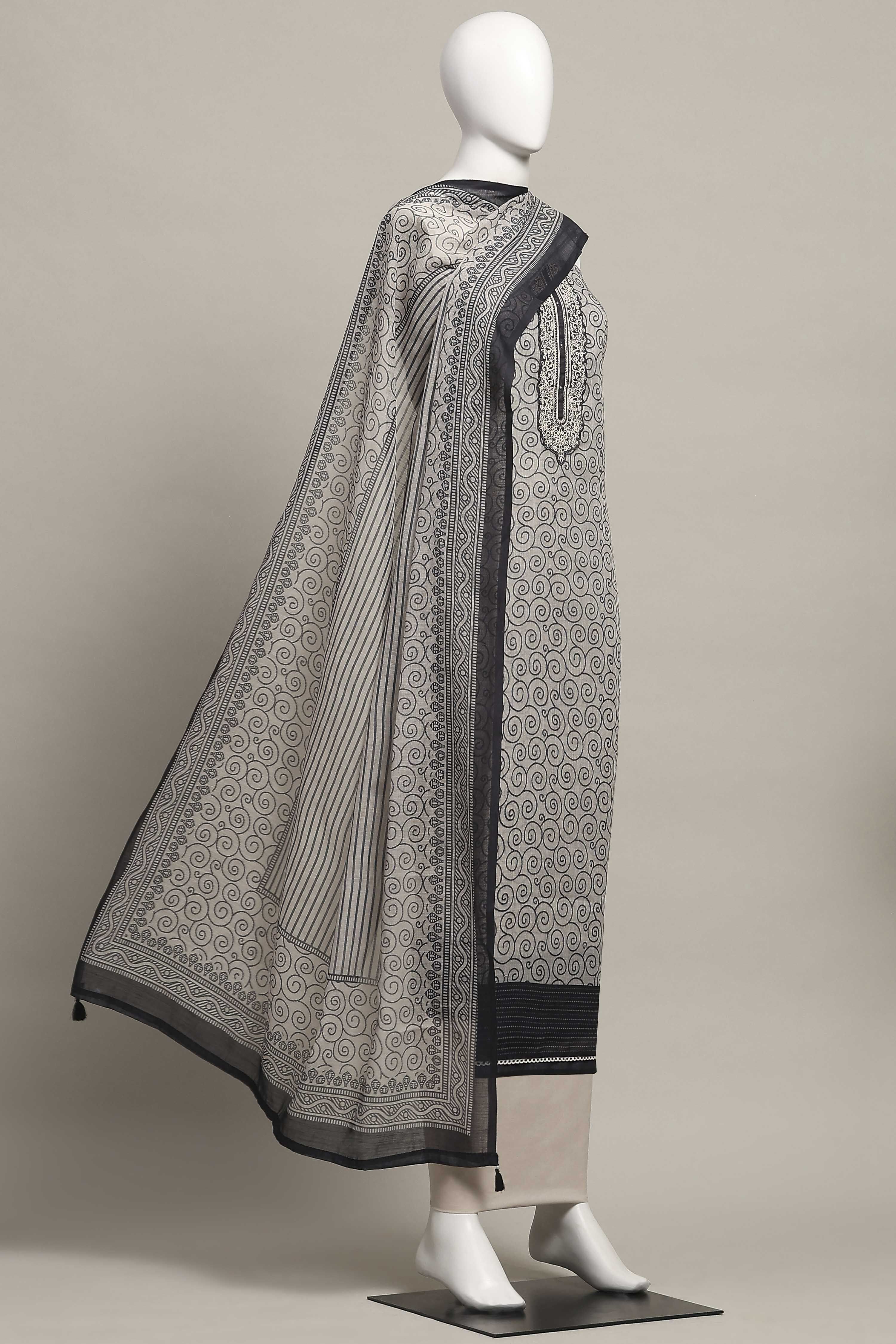 Blue Cotton Printed Embroidered Unstitched Suit Set image number 4