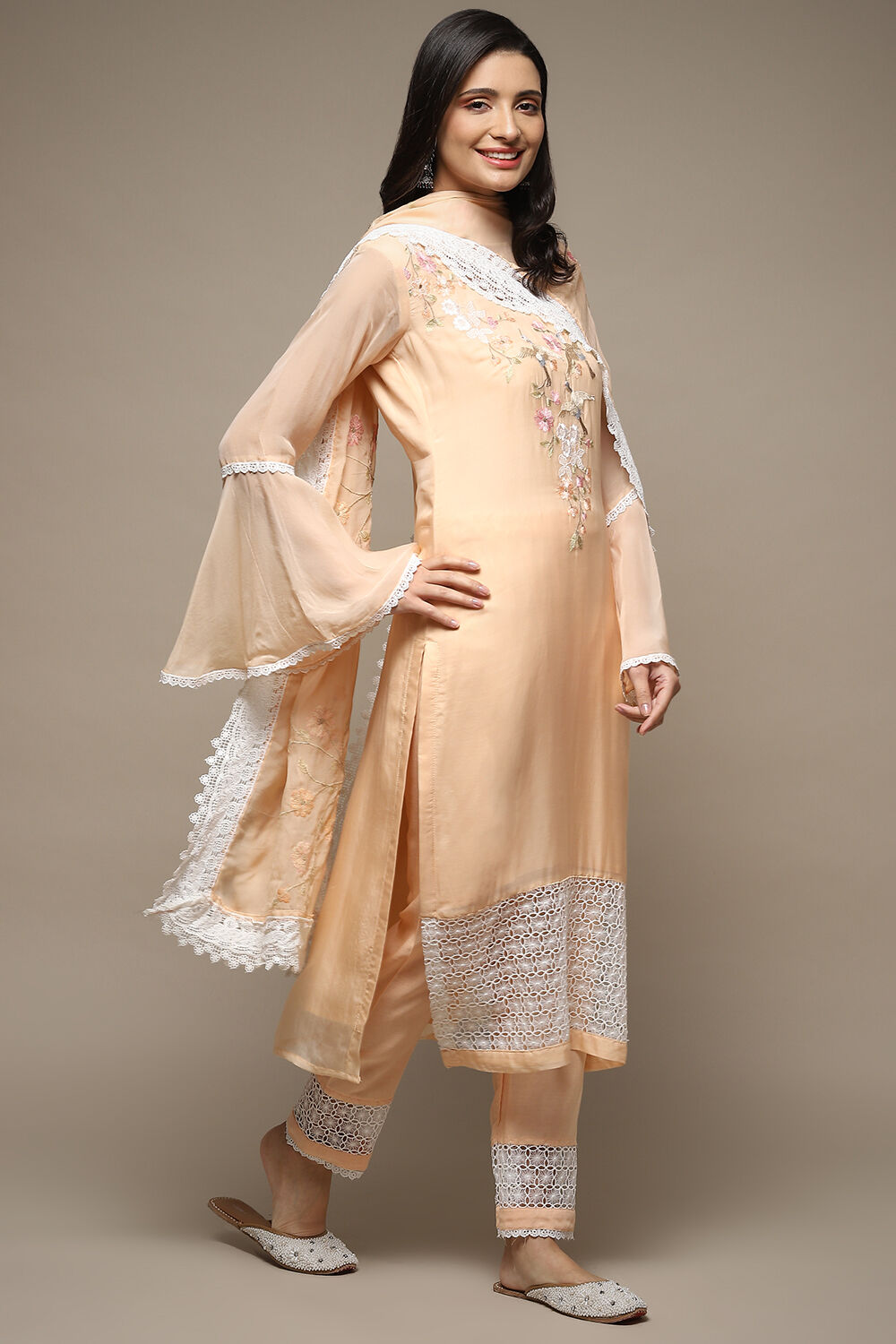 Peach Organza Lace Unstitched Suit Set image number 7