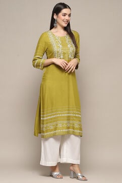 Lime Green Rayon flax Relaxed Kurta Palazzo Suit Set image number 5