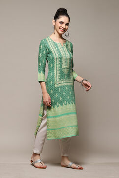 Green LIVA Straight Printed Kurta image number 3