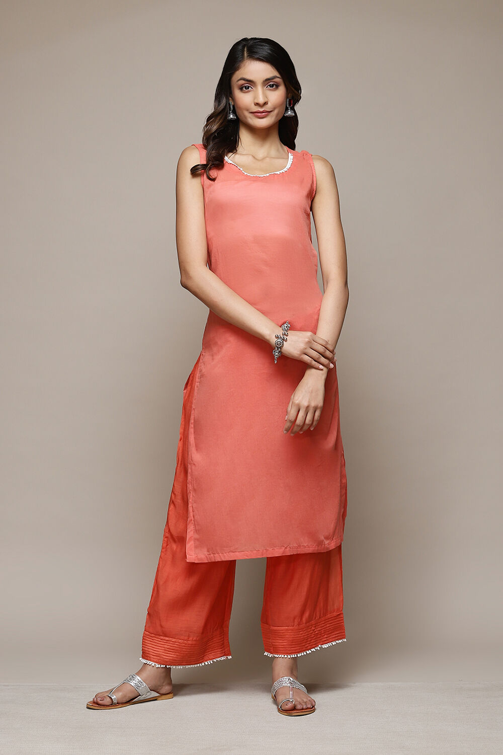 Light Mauve Cotton Blend Straight Kurta Palazzo Suit Set image number 1