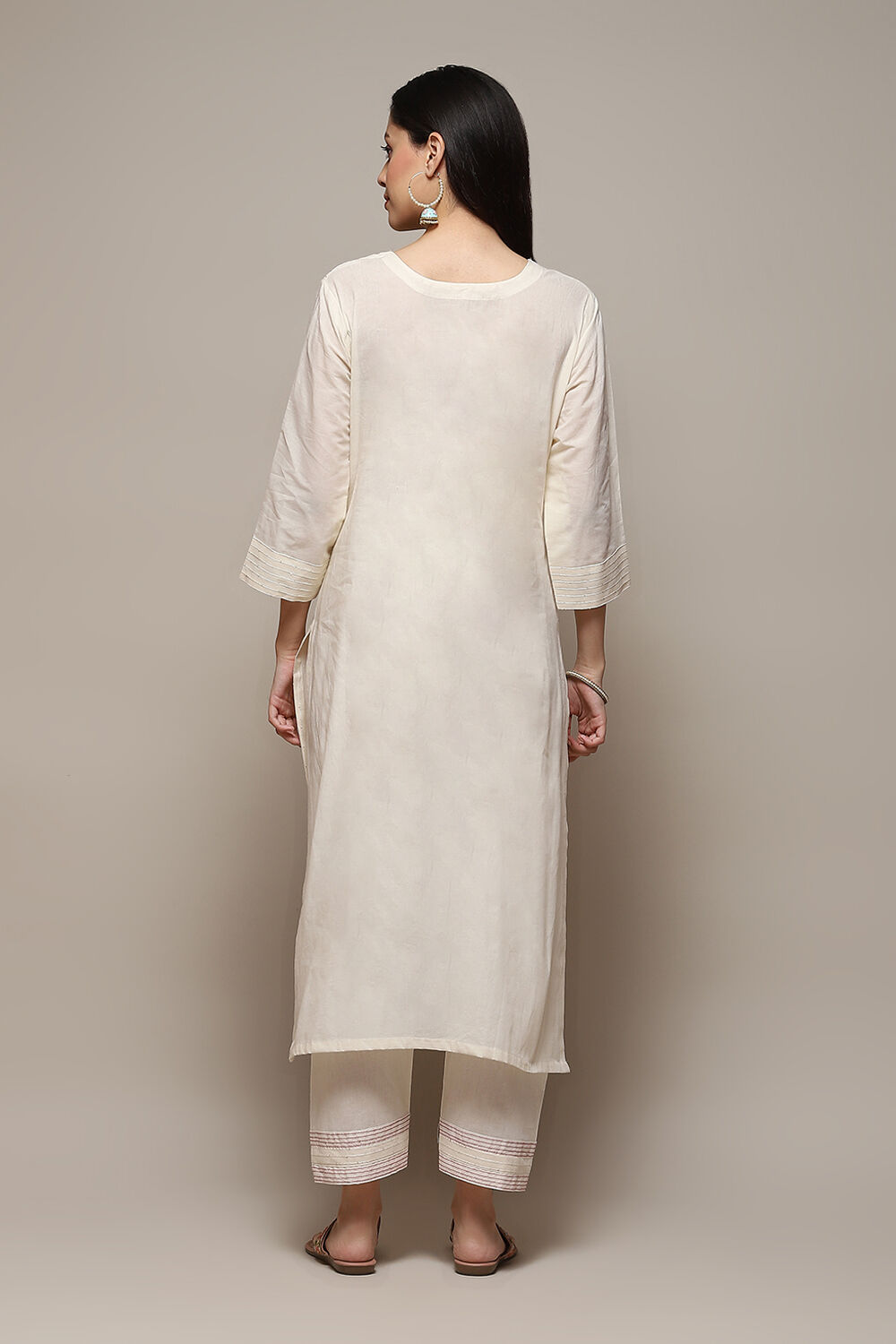 Off White Cotton Schiffly Unstitched Suit Set image number 5