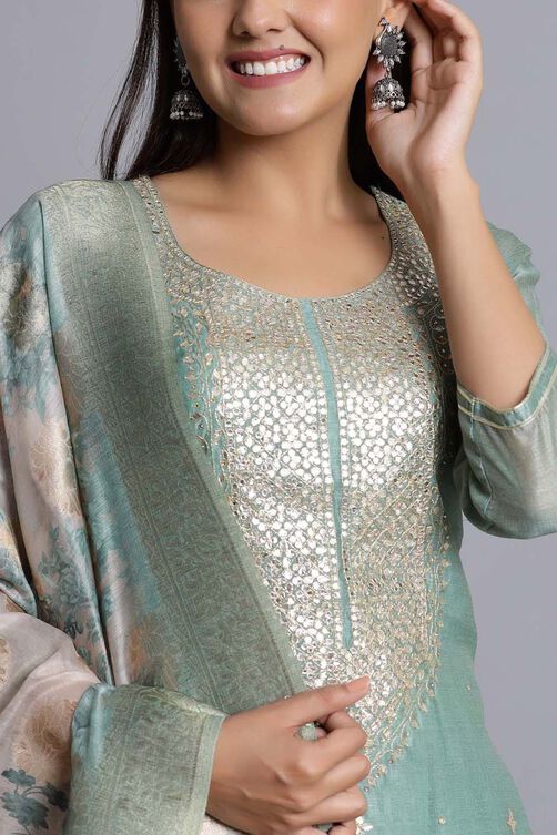 Green Unstitched dress material Suit Set image number 1