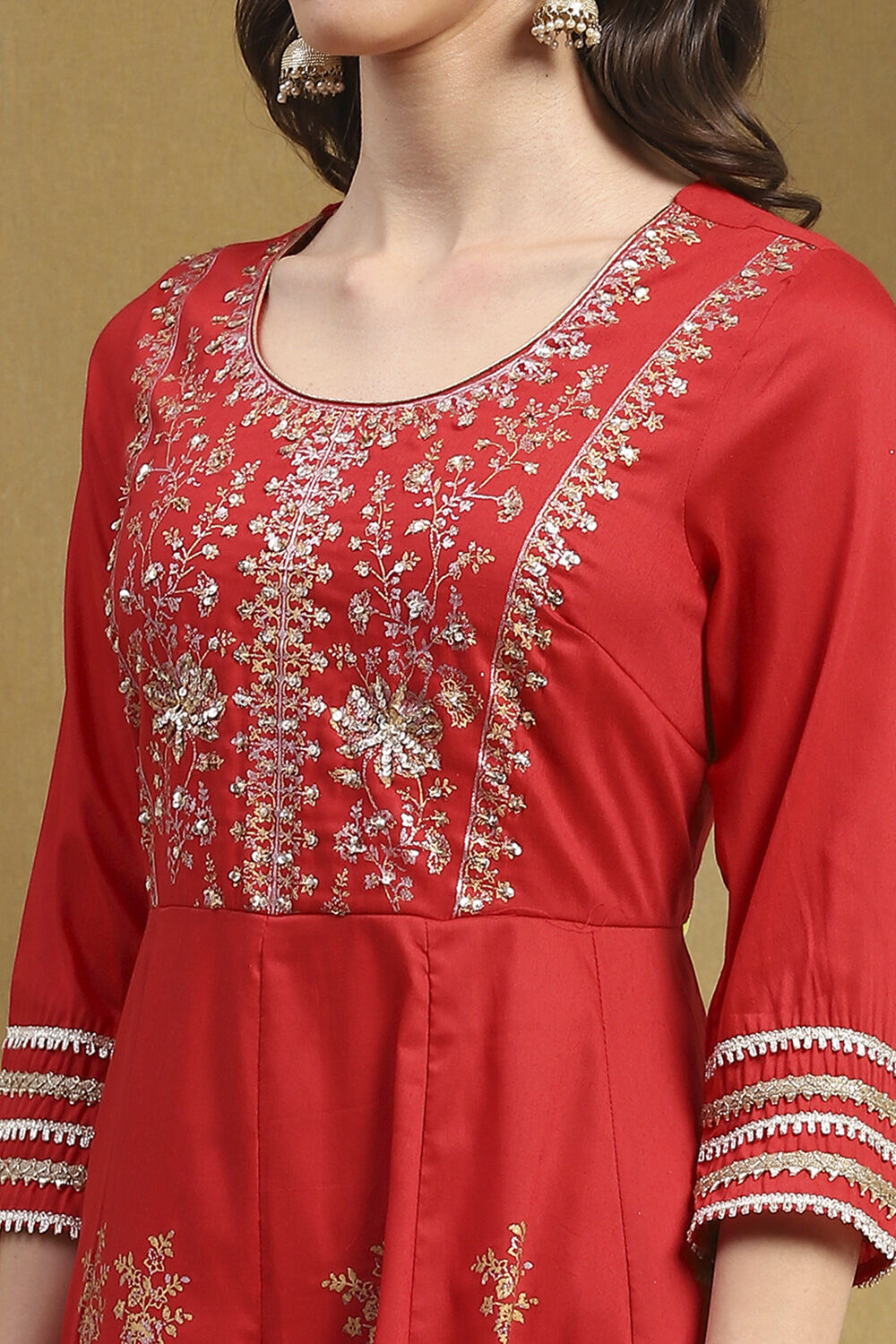 Red Floral Printed Festive Anarkali Suit Set image number 1
