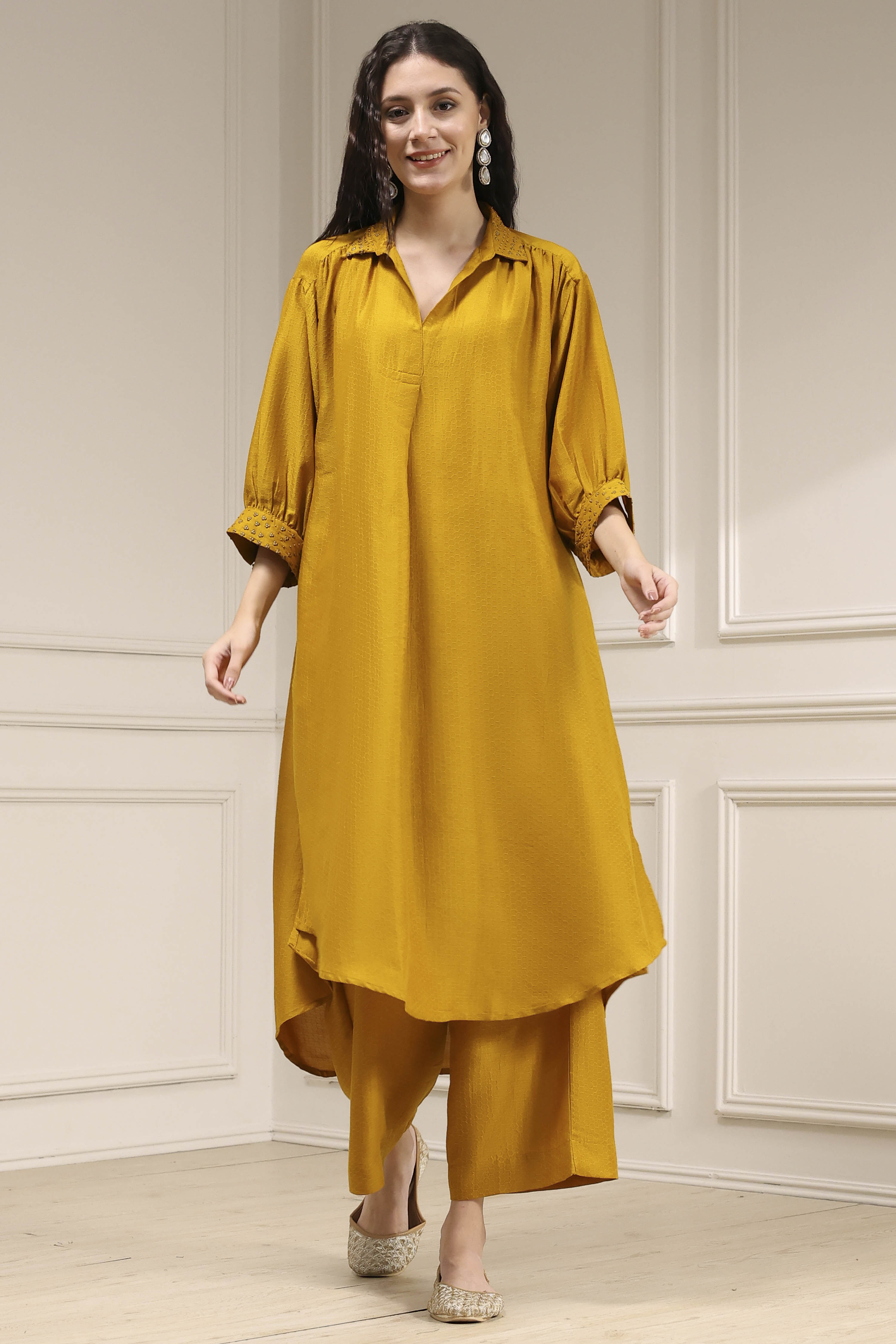 Ochre Yellow Polyester A-Line Dyed Kurta Pants Set image number 6